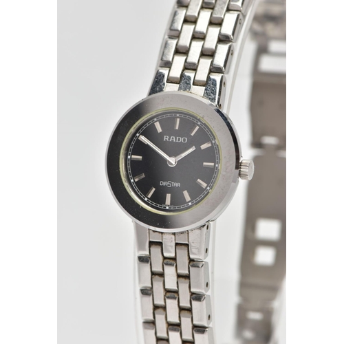 193 - A LADIES 'RADO' WRISTWATCH, quartz movement, black round dial signed 'Rado Diastar', baton markers, ... 