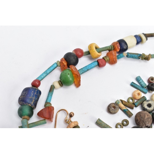 197 - AN ANCIENT EGYPTIAN FAIENCE BEAD NECKLACE, faience and hardstone beaded necklace also featuring a sc... 