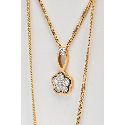 198 - A MODERN 18CT GOLD DIAMOND CLUSTER DROP PENDANT AND CHAIN, a round flower cluster of brilliant cut d... 