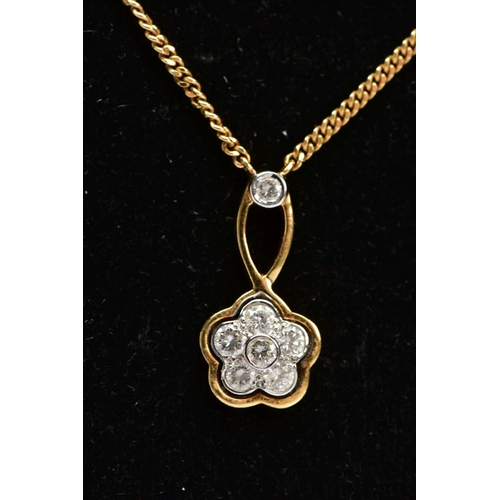 198 - A MODERN 18CT GOLD DIAMOND CLUSTER DROP PENDANT AND CHAIN, a round flower cluster of brilliant cut d... 