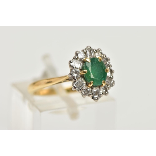 199 - AN 18CT GOLD  MID TO LATE TWENTEITH CENTURY EMERALD AND DIAMOND CLUSTER RING, centring on an oval em... 