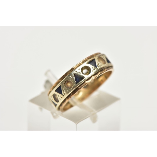 208 - A 9CT GOLD FULL ETERNITY RING, set with blue triangular cut paste and colourless circular cut paste ... 