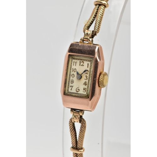 21 - A LADIES 9CT GOLD WRISTWATCH, hand wound movement, rectangular white dial, Arabic numerals, gold ton... 