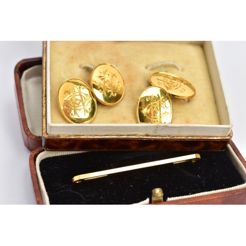 210 - A PAIR OF YELLOW METAL CUFFLINKS AND A BAR BROOCH, the cufflinks each of an oval form with engraved ... 