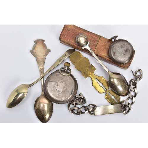 211 - TWO POCKET WATCHES, AND OTHER ITEMS, to include a white metal open face pocket watch, Roman numerals... 