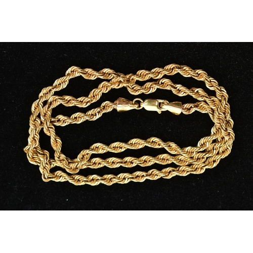 219 - A 9CT GOLD ROPE TWIST CHAIN, fitted with a lobster clasp, hallmarked 9ct Sheffield, length 500mm, ap... 