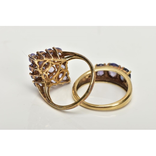 222 - A 9CT GOLD TANZANITE RING AND A SILVER GILT RING, the first designed with three oval cut tanzanite's... 