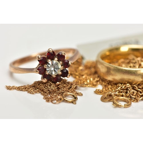 224 - A 9CT GOLD CLUSTER RING AND OTHER JEWELLERY, the cluster of a flower shape, set with a central colou... 