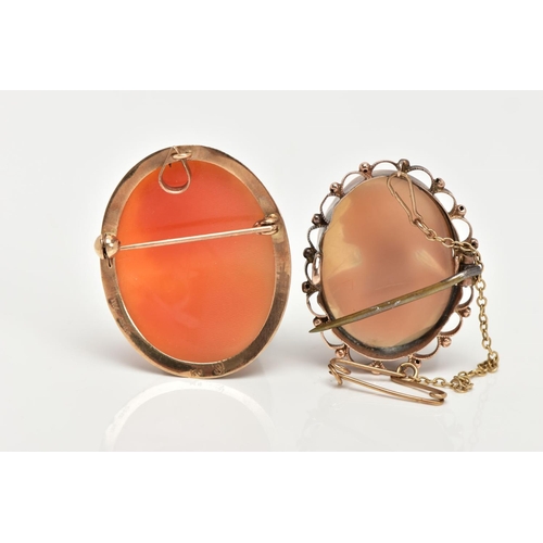 23 - TWO 9CT GOLD CAMEO BROOCHES, the first of an oval form depicting a lady in profile, collet and fine ... 