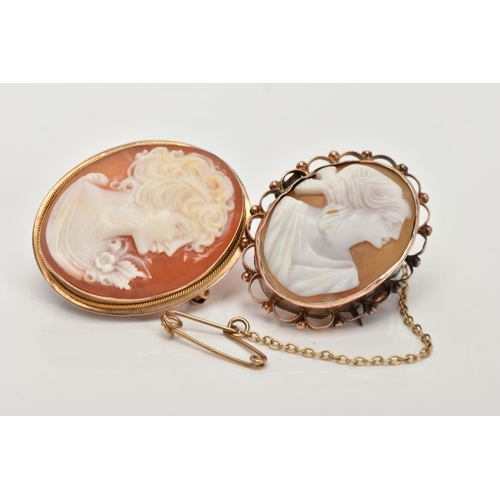 23 - TWO 9CT GOLD CAMEO BROOCHES, the first of an oval form depicting a lady in profile, collet and fine ... 