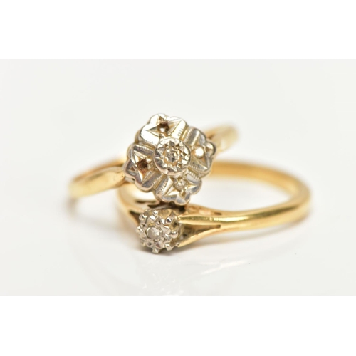 232 - TWO 18CT GOLD DIAMOND RINGS, the first a single stone diamond ring designed with an illusion set sin... 