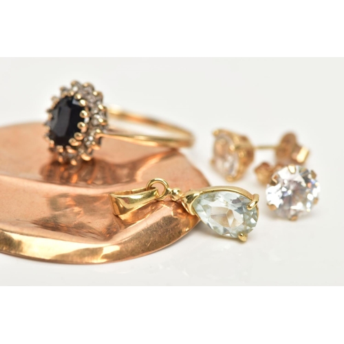 233 - A 9CT GOLD CLUSTER RING, PAIR OF EARRINGS, PENDANT AND A WATCH BACK, the cluster designed with a cen... 