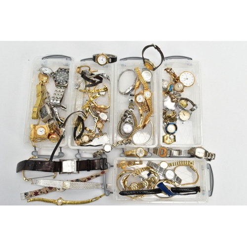 240 - FIVE BOXES OF ASSORTED LADIES AND GENTS WRISTWATCHES, a variety of styles, some gold-plated, names t... 