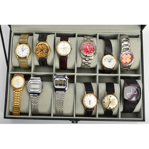 241 - A WATCH DISPLAY CASE WITH WRISTWATCHES, black case with a Perspex lid, twelve storage cushions with ... 