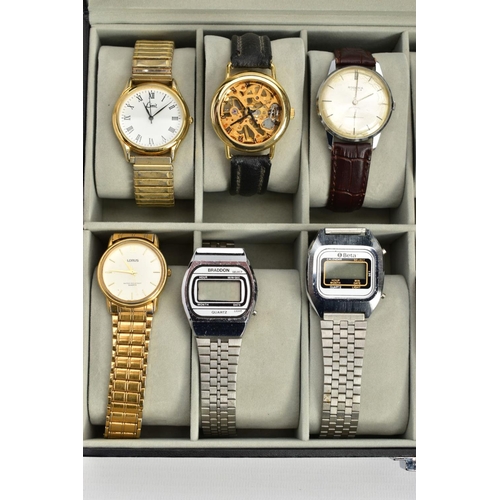 241 - A WATCH DISPLAY CASE WITH WRISTWATCHES, black case with a Perspex lid, twelve storage cushions with ... 