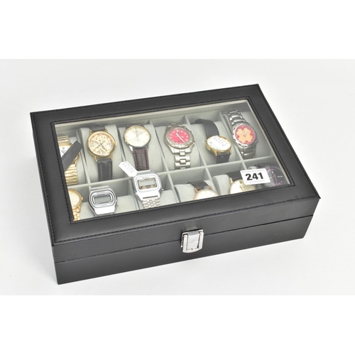 241 - A WATCH DISPLAY CASE WITH WRISTWATCHES, black case with a Perspex lid, twelve storage cushions with ... 