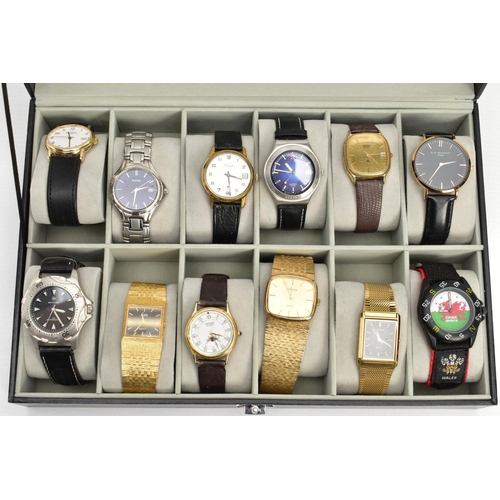 242 - A WATCH DISPLAY CASE WITH WRISTWATCHES, black case with a Perspex lid, twelve storage cushions with ... 