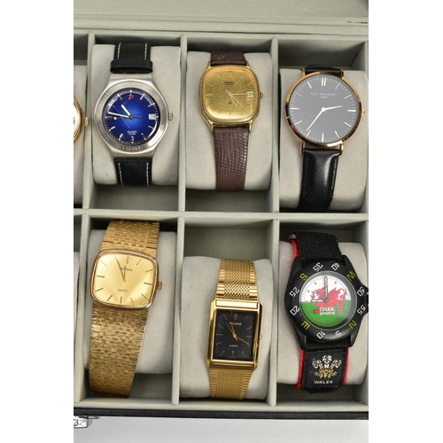 242 - A WATCH DISPLAY CASE WITH WRISTWATCHES, black case with a Perspex lid, twelve storage cushions with ... 