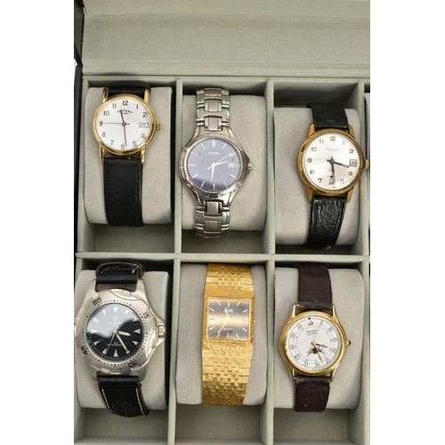 242 - A WATCH DISPLAY CASE WITH WRISTWATCHES, black case with a Perspex lid, twelve storage cushions with ... 