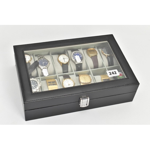 242 - A WATCH DISPLAY CASE WITH WRISTWATCHES, black case with a Perspex lid, twelve storage cushions with ... 