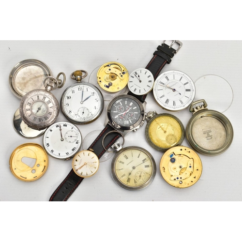 246 - A BOX OF POCKET WATCH SPARES AND REPAIRS AND A GENTS WRISTWATCH, to include various pocket watch mov... 