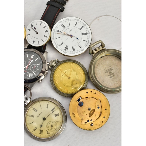 246 - A BOX OF POCKET WATCH SPARES AND REPAIRS AND A GENTS WRISTWATCH, to include various pocket watch mov... 