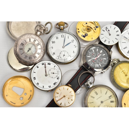 246 - A BOX OF POCKET WATCH SPARES AND REPAIRS AND A GENTS WRISTWATCH, to include various pocket watch mov... 