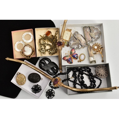 248 - A BOX OF ASSORTED ITEMS, to include a yellow metal shell cameo brooch, a French jet beaded necklace ... 