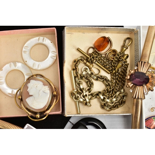 248 - A BOX OF ASSORTED ITEMS, to include a yellow metal shell cameo brooch, a French jet beaded necklace ... 