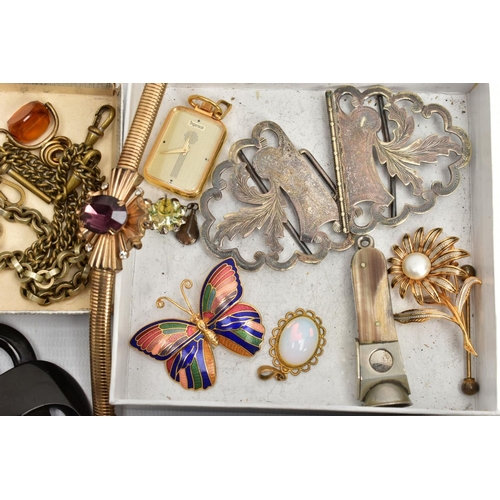 248 - A BOX OF ASSORTED ITEMS, to include a yellow metal shell cameo brooch, a French jet beaded necklace ... 