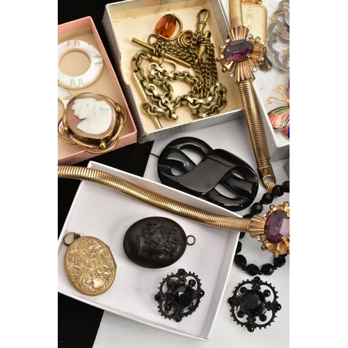 248 - A BOX OF ASSORTED ITEMS, to include a yellow metal shell cameo brooch, a French jet beaded necklace ... 