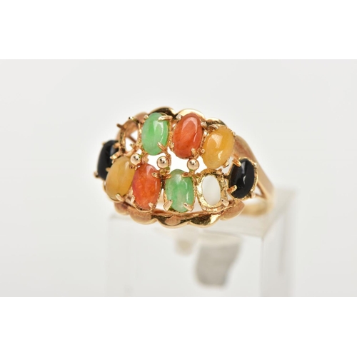 25 - AN AF YELLOW METAL GEM SET RING, (missing two stones), set with eight other oval cabochons assessed ... 