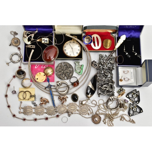 250 - A BOX OF ASSORTED WHITE METAL JEWELLERY, to include a three wire collar necklace unmarked, a white m... 