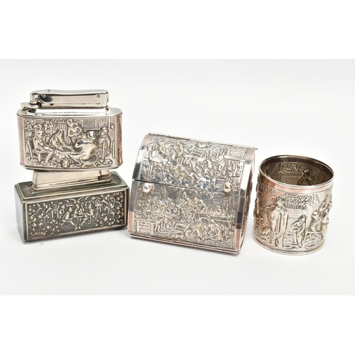 252 - A DUTCH SILVER PLATE SMOKING SET, to include a vesta pot, a cigarette box and lighter, stamped HH 90... 