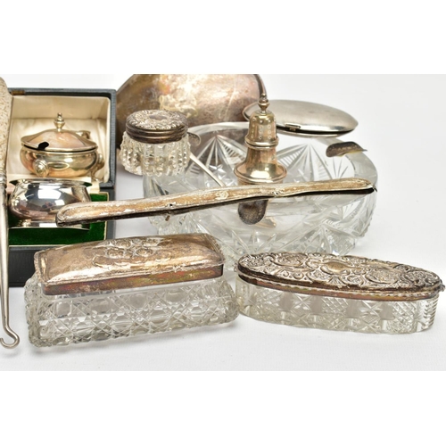 263 - A BOX OF ASSORTED SILVER AND GLASS ITEMS, to include a cased set of two silver napkin rings, each ha... 