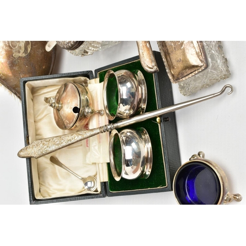 263 - A BOX OF ASSORTED SILVER AND GLASS ITEMS, to include a cased set of two silver napkin rings, each ha... 