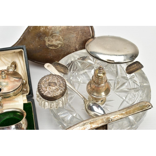 263 - A BOX OF ASSORTED SILVER AND GLASS ITEMS, to include a cased set of two silver napkin rings, each ha... 