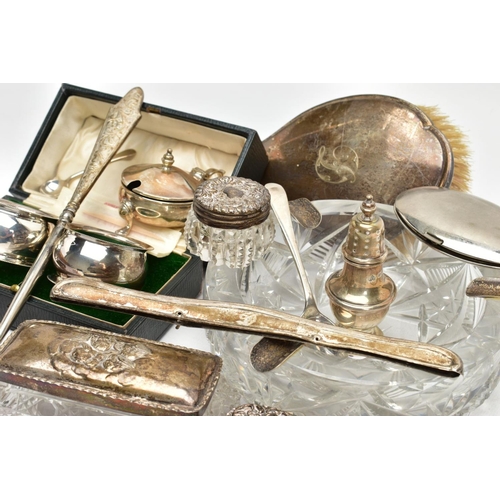 263 - A BOX OF ASSORTED SILVER AND GLASS ITEMS, to include a cased set of two silver napkin rings, each ha... 