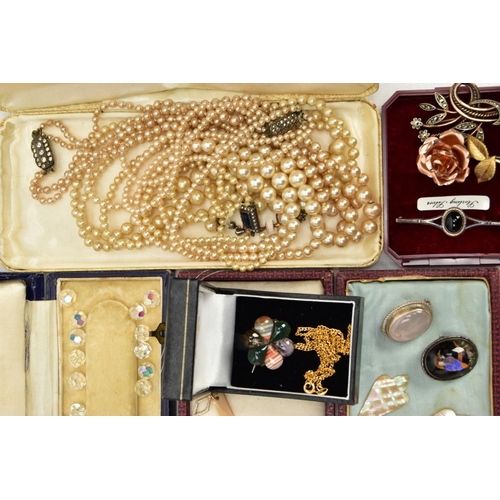 267 - AN EARLY 20TH CENTURY MOTHER OF PEARL NECKLACE AND OTHER JEWELLERY ITEMS, a long white metal open wo... 