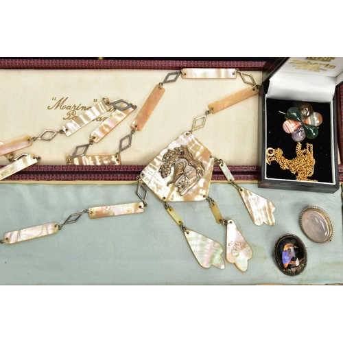 267 - AN EARLY 20TH CENTURY MOTHER OF PEARL NECKLACE AND OTHER JEWELLERY ITEMS, a long white metal open wo... 