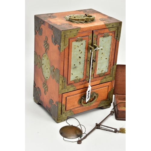 268 - A WOODEN CHINESE JEWELLERY BOX AND A CASES SET OF SCALES, a two door one draw wooden jewellery box, ... 