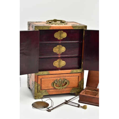 268 - A WOODEN CHINESE JEWELLERY BOX AND A CASES SET OF SCALES, a two door one draw wooden jewellery box, ... 