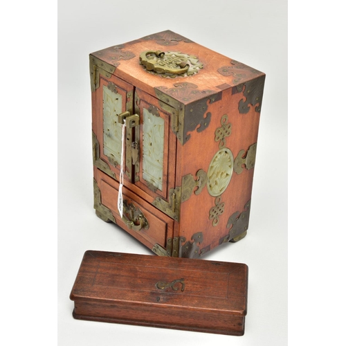 268 - A WOODEN CHINESE JEWELLERY BOX AND A CASES SET OF SCALES, a two door one draw wooden jewellery box, ... 