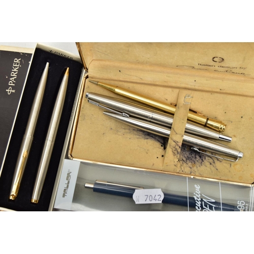 269 - A BOX OF ASSORTED PENS, to include a Parker ball point and fountain pen, a rolled gold propelling pe... 