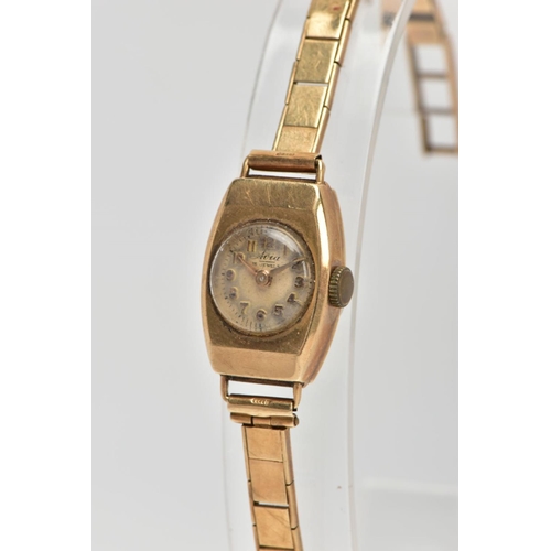 27 - A LADIES 9CT GOLD 'AVIA' WRISTWATCH, hand wound movement, round discoloured dial signed 'Avia 15 jew... 