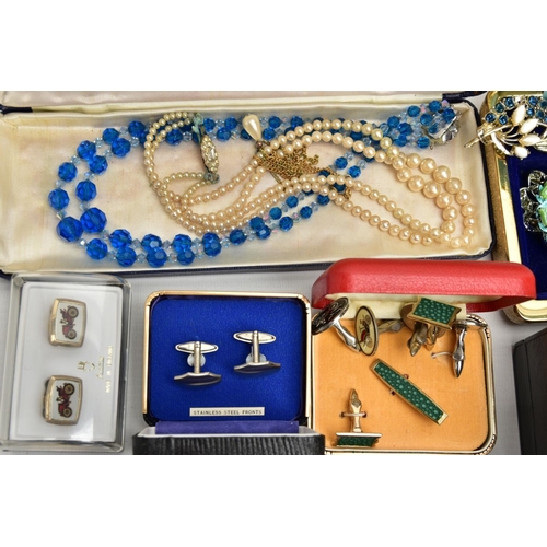 270 - A BOX OF ASSORTED JEWELLERY AND WATCHES, to include a Sarah Cov brooch and single clip on earring, a... 