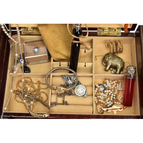 272 - A WOODEN JEWELLERY BOX WITH CONTENTS, to include a ladies 'Sekonda' wristwatch fitted with a flexi l... 