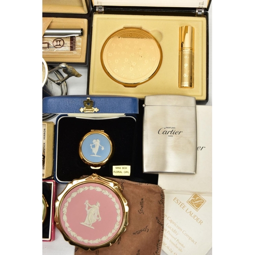 273 - A BOX OF ASSORTED ITEMS, to include a cased set 'Stratton' compact and lipstick, a pink detailed 'St... 