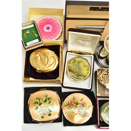 273 - A BOX OF ASSORTED ITEMS, to include a cased set 'Stratton' compact and lipstick, a pink detailed 'St... 