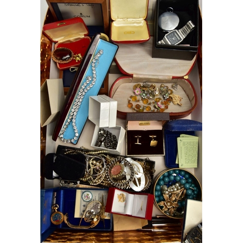 276 - A BOX OF ASSORTED JEWELLERY AND WATCHES, to include a Swarovski white metal necklace, encased in sig... 